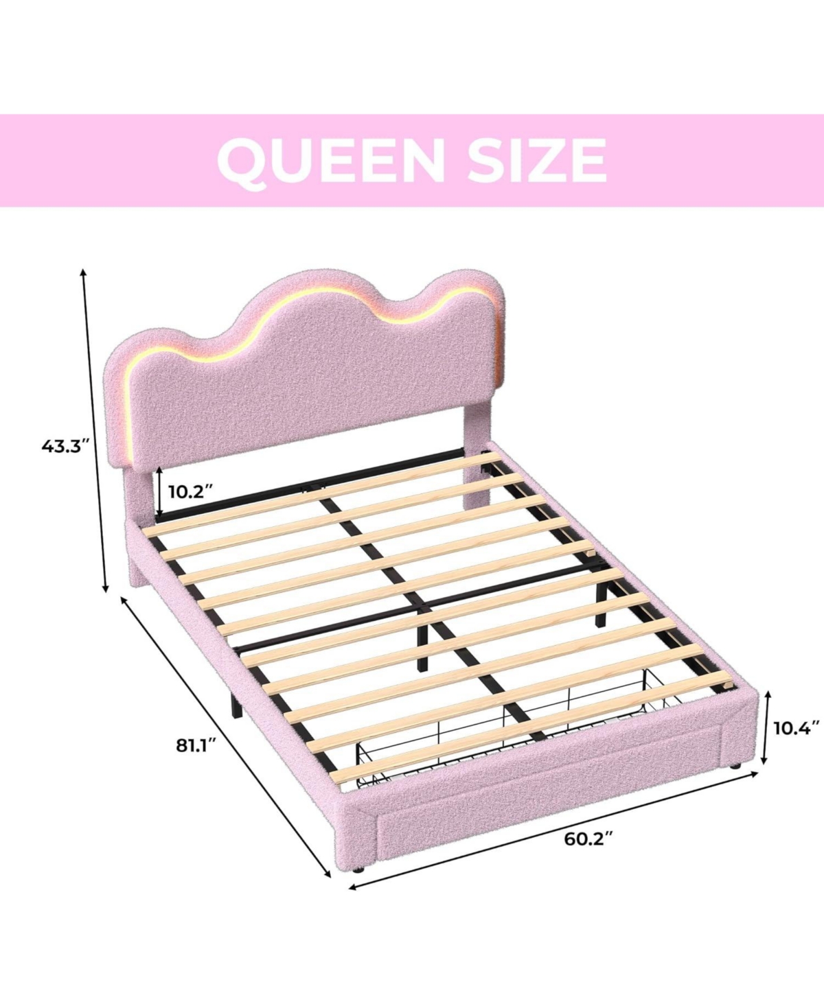 gaomon Queen Size Boucle Upholstered Platform Bed Frame Adjustable Headboard Storage Drawers Princess Bed for Girls No Box Spring Pink