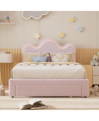 Full Size Boucle Upholstered LED Platform Bed Frame with Storage Drawers Flower Headboard