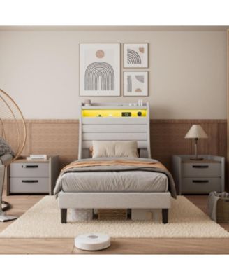 Twin Size Upholstered Platform Bed Frame with Headboard Charging Station LED Lights Wooden Slats No Box Spring Beige