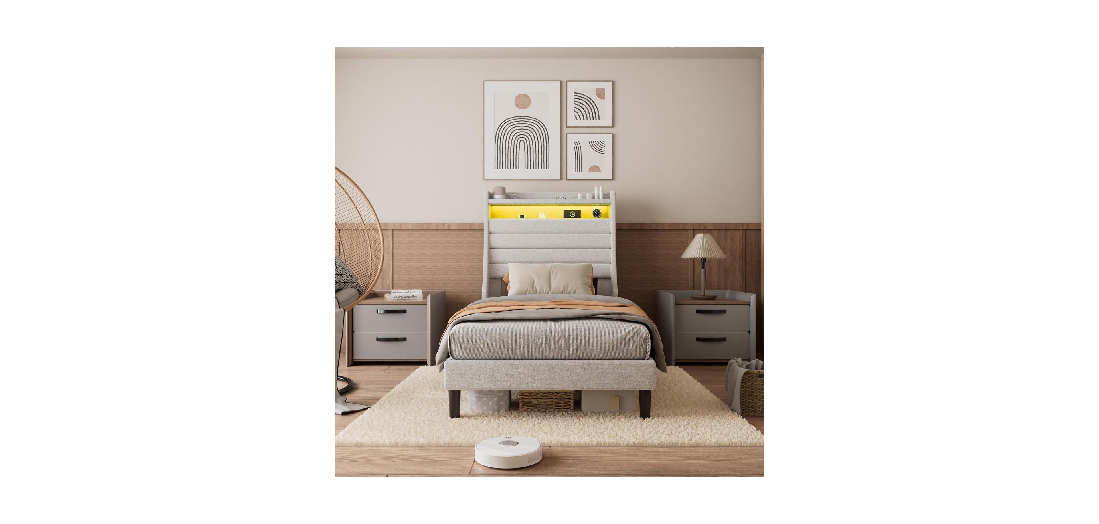 gaomon Twin Size Upholstered Platform Bed Frame with Headboard Charging Station Led Lights Wooden Slats No Box Spring Beige