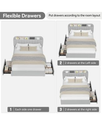 Full Size Boucle Upholstered Platform Bed Frame with Bookcase Headboard 2 Drawers for Kids No Box Spring Grey