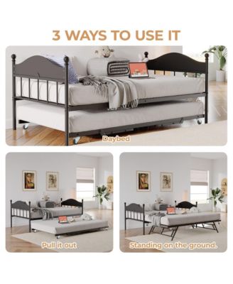 Daybed with Trundle, Metal Twin Size Day Bed with Stylish Headboard, Sofa Bed Frame with Pop Up Foldable Trundle Bed
