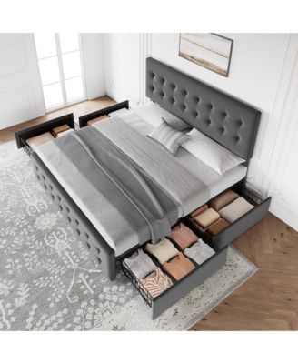 King Bed Frame with Headboard and 4 Storage Drawers, Platform Bed Frame Square Stitched Button Tufted