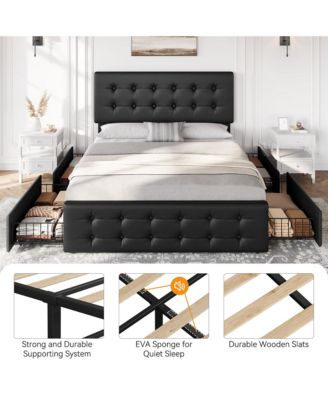 Queen Bed Frame with Headboard and 4 Storage Drawers, Platform Bed Frame Square Stitched Button Tufted