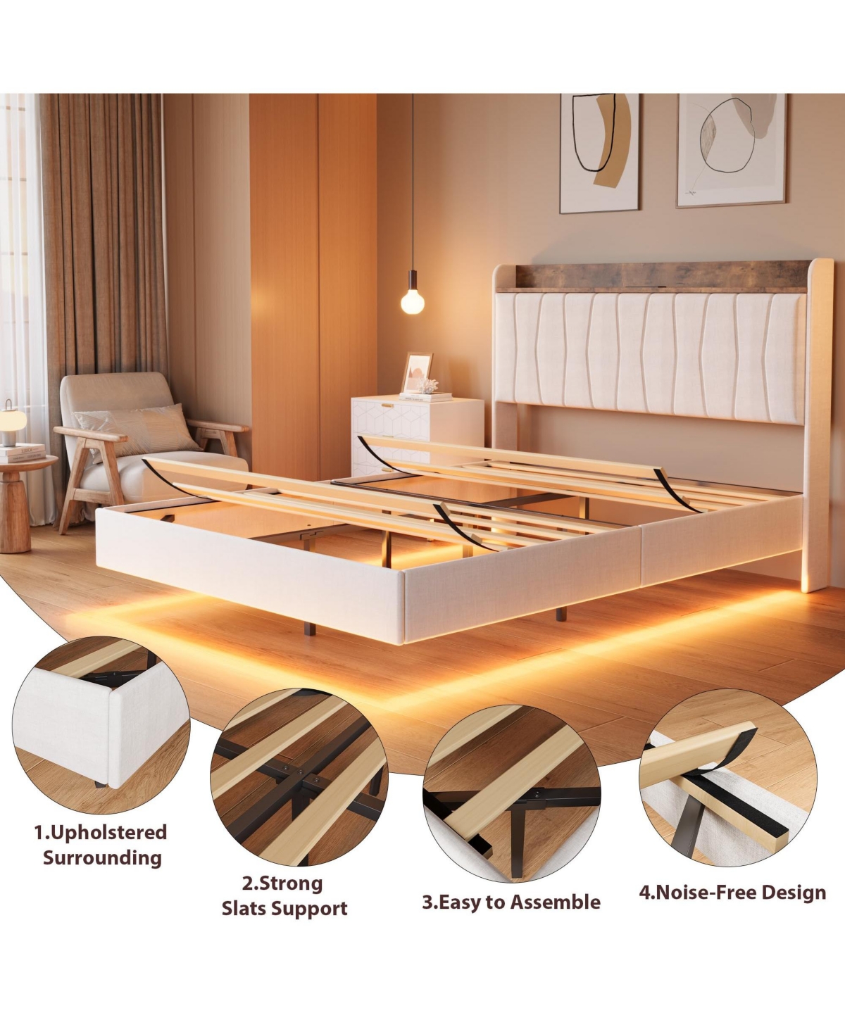 Gaomon Floating Bed Frame Full with Led Lights & Usb Charging Station – Modern Upholstered Platform Bed with Headboard
