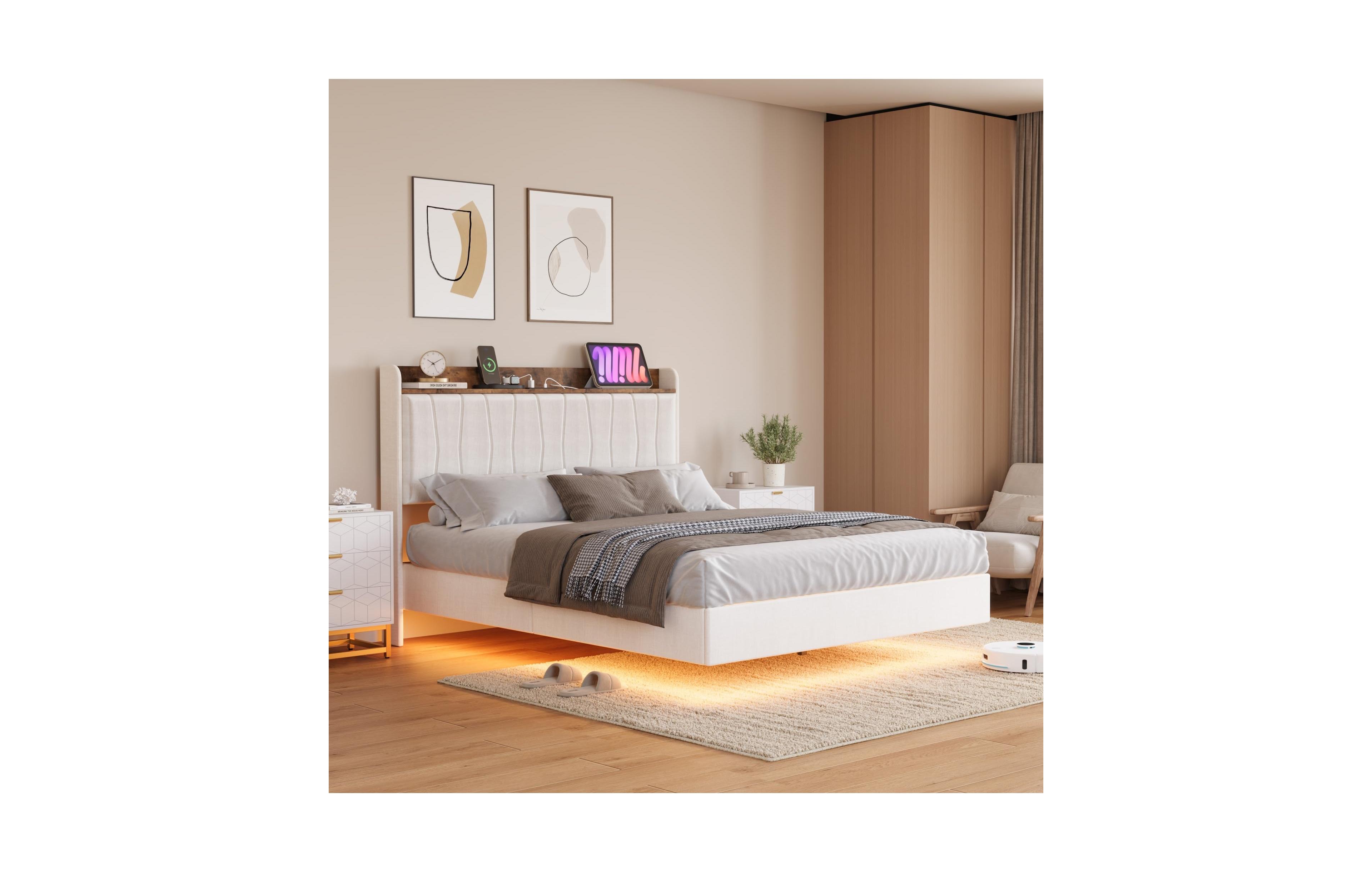 Gaomon Floating Bed Frame Queen with Led Lights & Usb Charging Station – Modern Upholstered Platform Bed with Headboard
