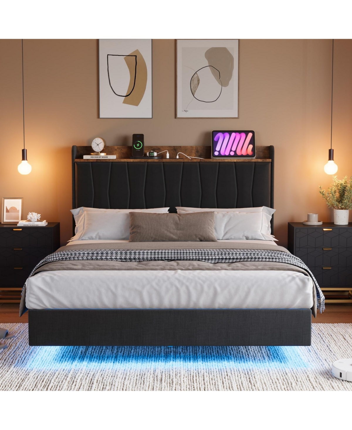 gaomon Floating Bed Frame Queen with Led Lights & Usb Charging Station – Modern Upholstered Platform Bed with Headboard