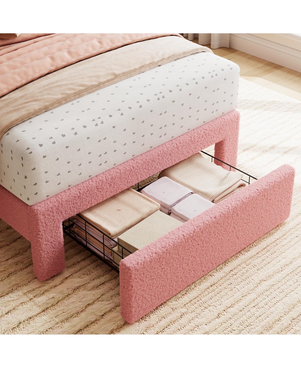 gaomon Twin Bed Frame with Under-Bed Drawer, Pink Boucle Upholstered Platform Bed with Wave Headboard for Kids/Girls, Wooden Slats Support