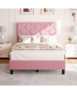 Pink King Bed Frame with Upholstered Headboard, Heavy-Duty Platform Bed Frame with Strong Wood Slats, No Box Spring