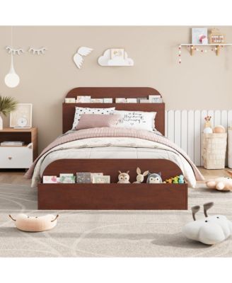 Twin Size Bed Frame, Wooden Beds with Storage Headboard and Raised-Foodboard for Kid, Twin-Floor Low Platform Bed