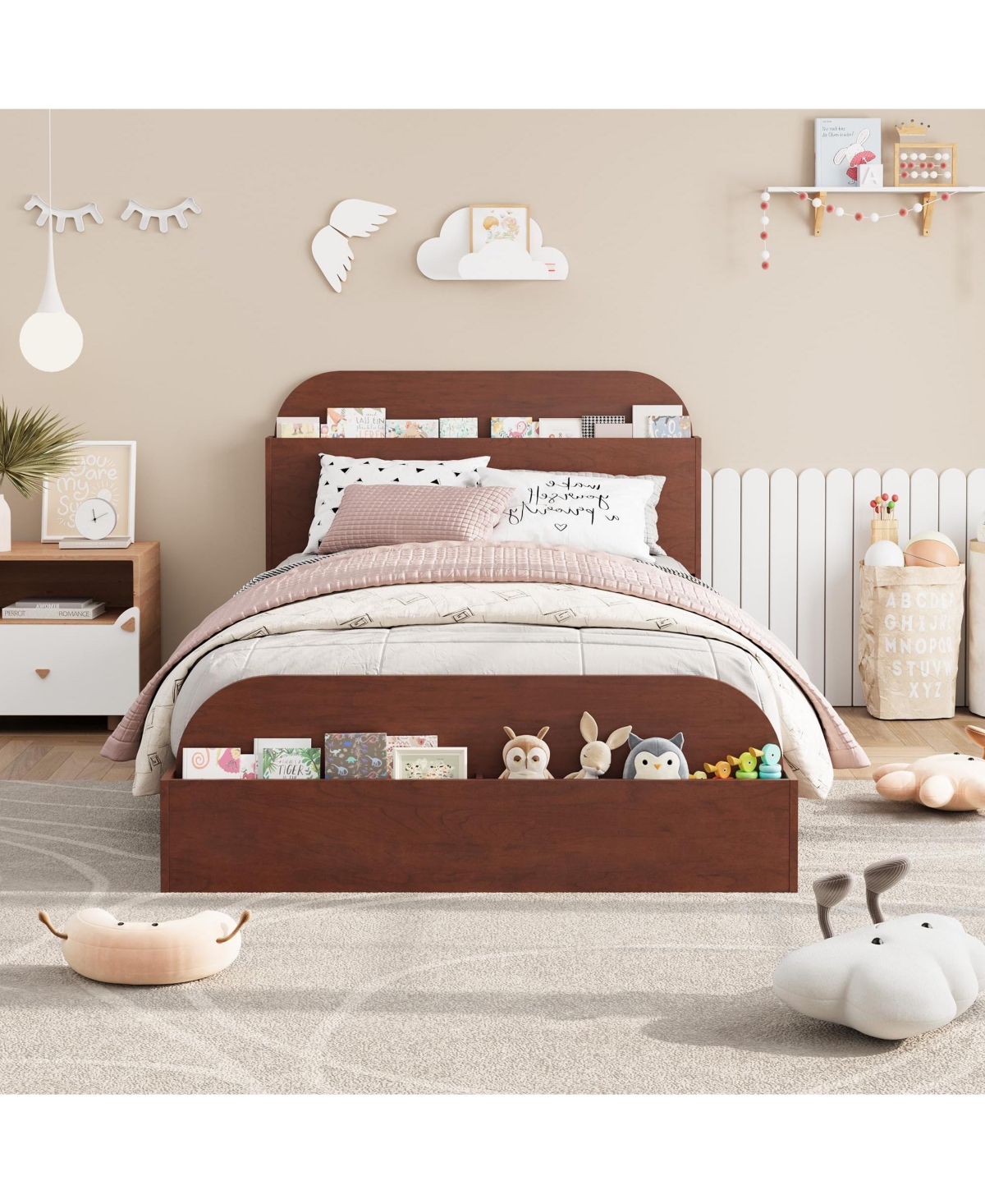 Gaomon Twin Size Bed Frame, Wooden Beds with Storage Headboard and Raised-Foodboard for Kid