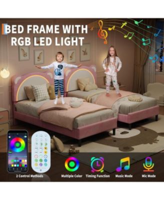 Twin Kids Bed Frame, Upholstered Platform with Adjustable Headboard & LED, Wooden Slats, No Box Spring