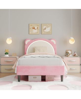 Twin XL Kids Bed Frame, Upholstered Platform with Adjustable Headboard & LED,Wooden Slats, No Box Spring,  Nursery
