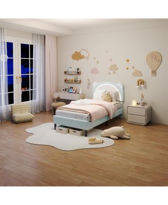 Twin XL Upholstered Bed for Kids – Adjustable Headboard with LED Light, Wooden Slats, No Box Spring, Blue