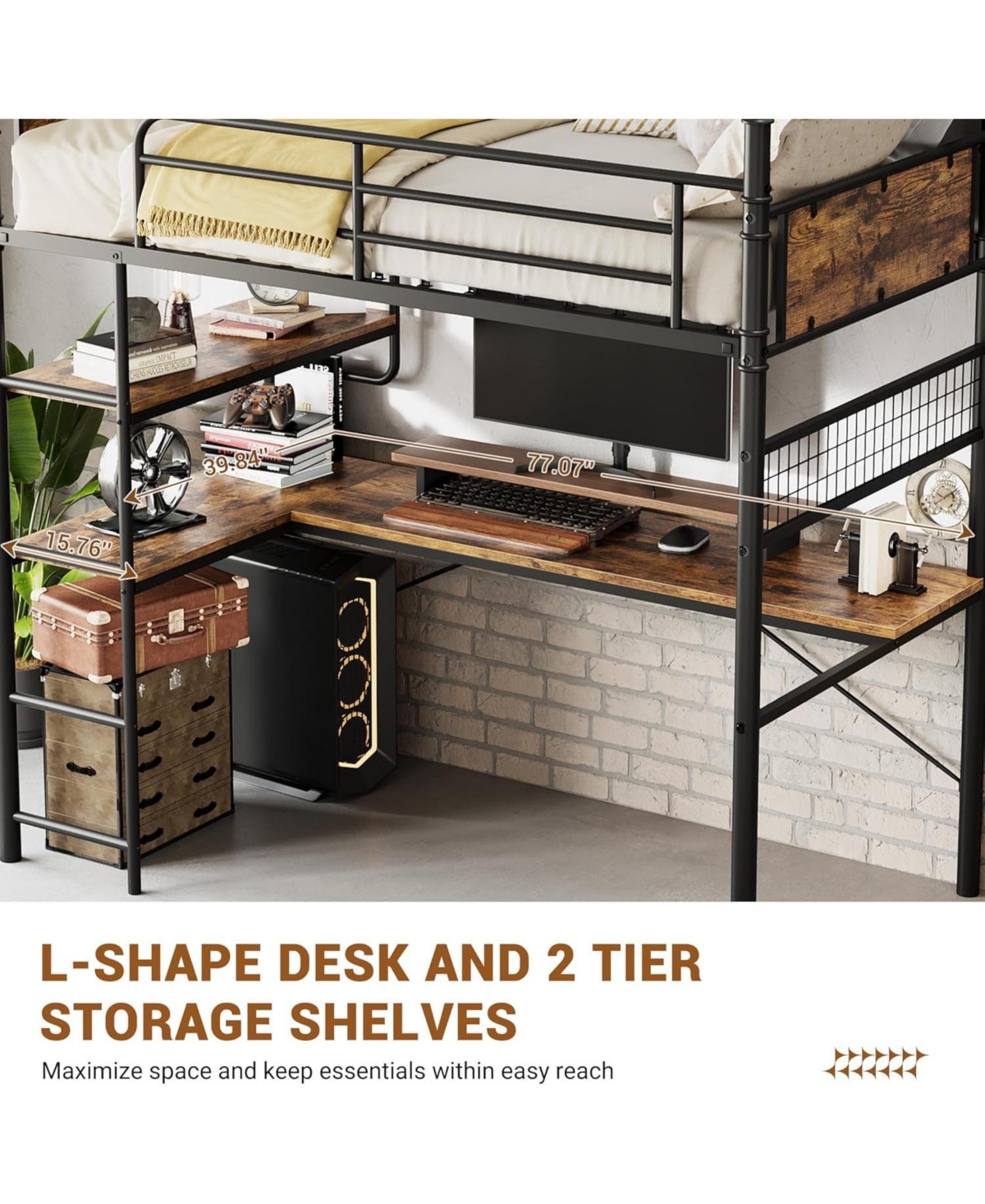 Gaomon Twin Loft Bed with L-Shaped Desk & Storage Shelf, Heavy Duty Metal Frame for Adults,Space Saving Design,Vintage Finish