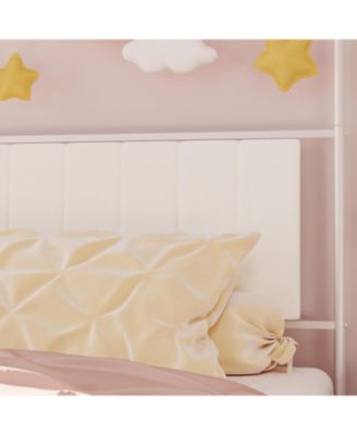 Twin Canopy Bed Frame, Metal Kids Platform with Upholstered Headboard, Strong Slats, Noise Free, Easy Assembly, White