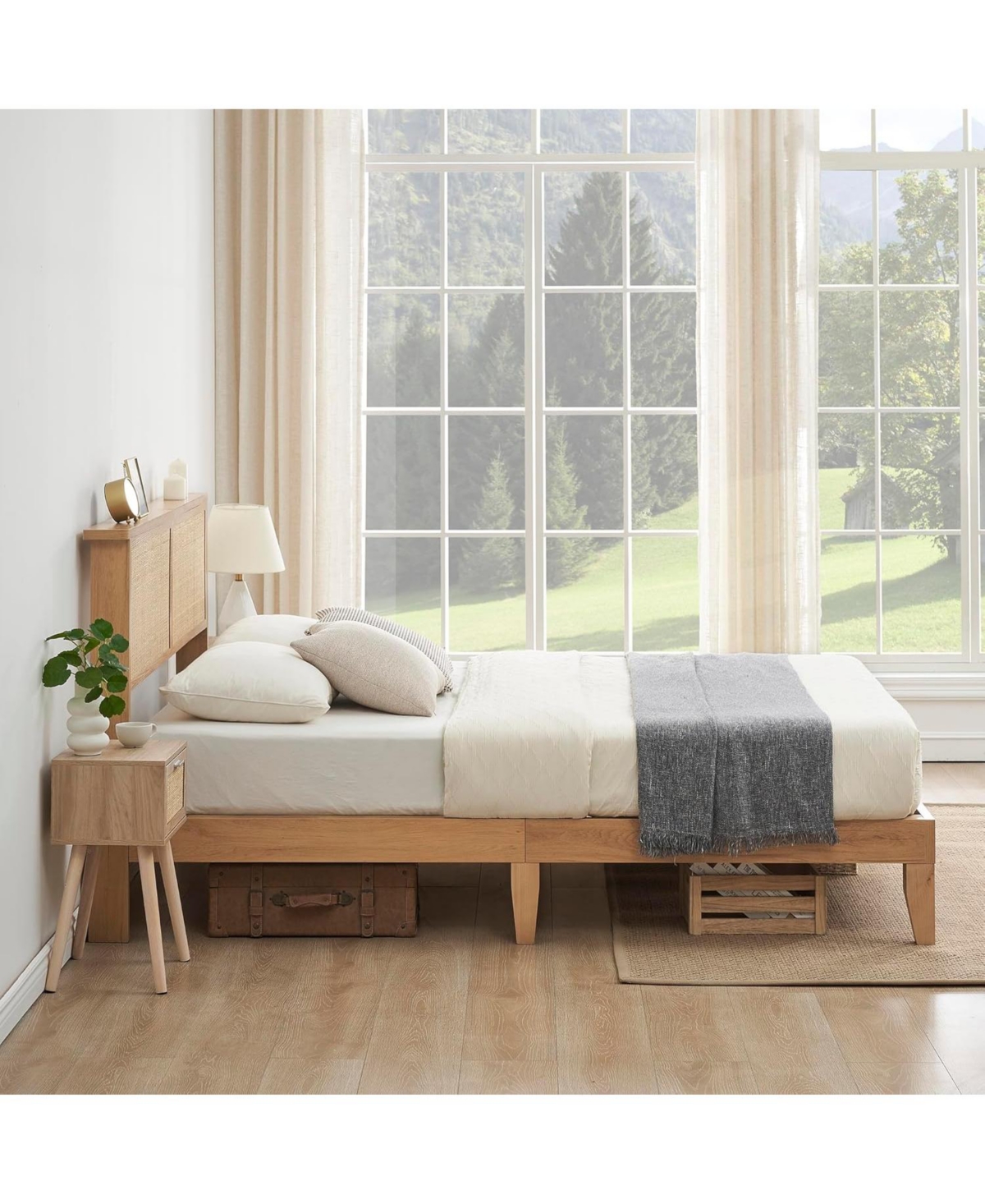 gaomon King Rattan Platform Bed Frame, Natural Boho Rattan Headboard with Led Lighting, Solid Wood Support and Quiet Slats, No Box Spring Required