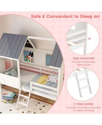 Twin Low House Bed Wooden Loft Bed with Ladder Roof Windows Slatted Support