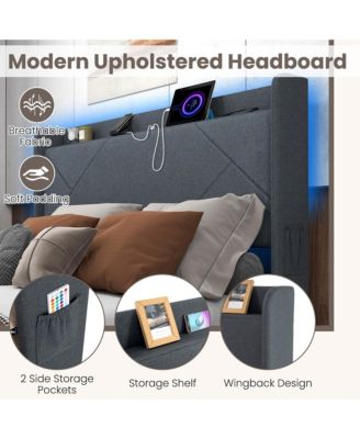 Bed Frame w/LED Lights Charging Station 2 Storage Pockets & 4 Drawers