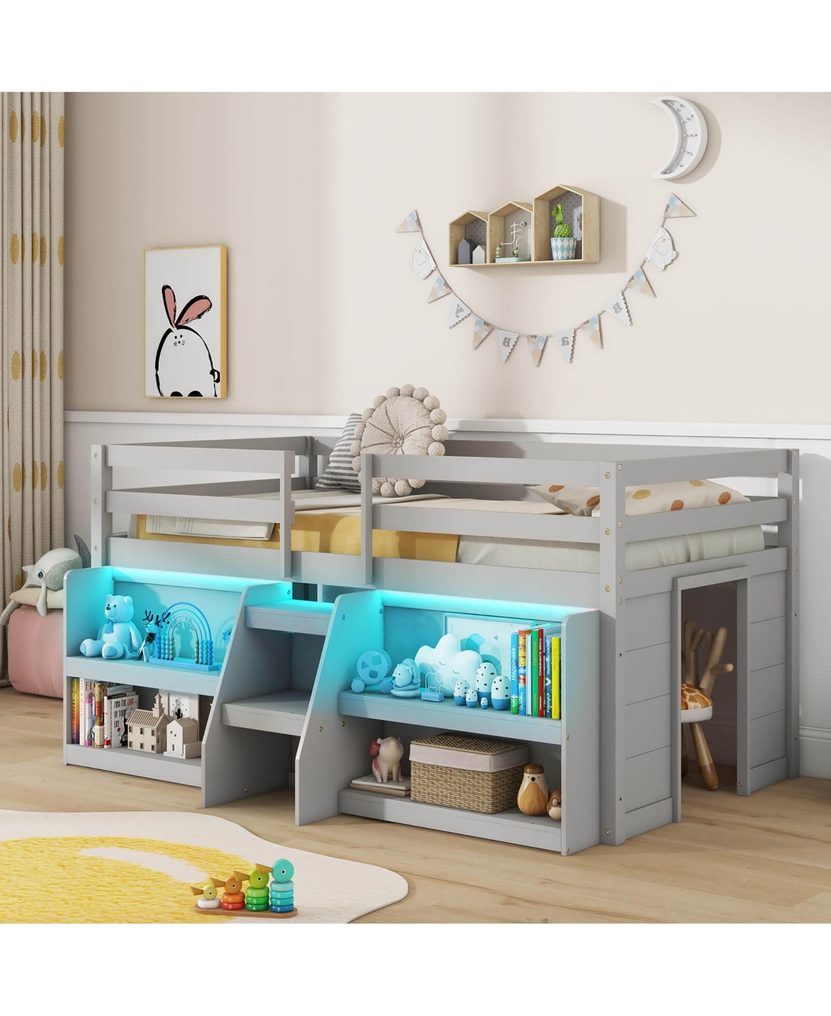 Gymax Twin Loft Bed w/ Led Lights Staircase & Safety Guardrail Under-bed Storage