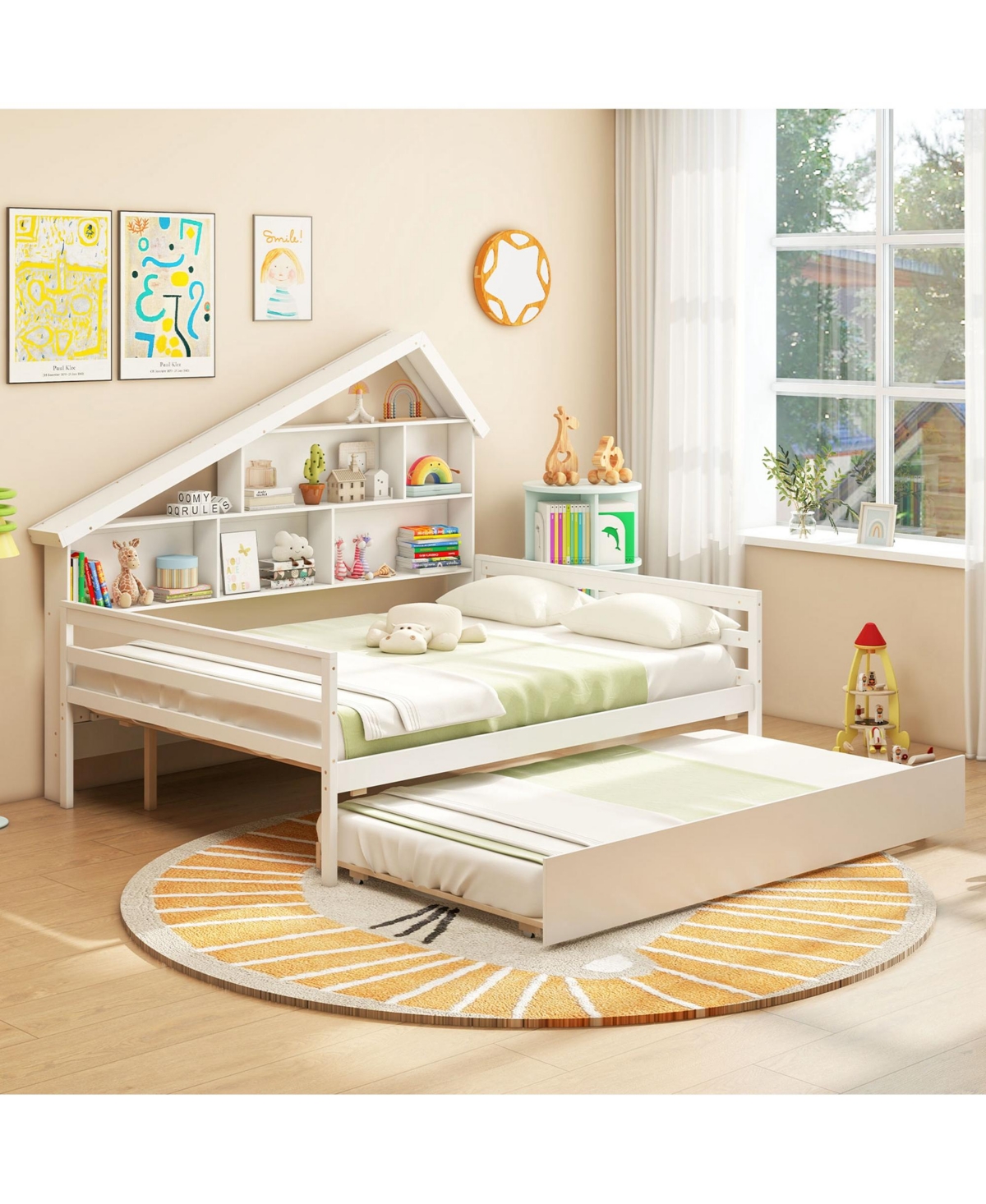 Gymax Full Size Daybed w/ Twin Size Trundle Bedside Bookshelf & Headboard