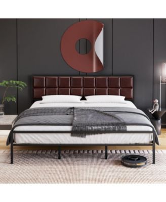 Faux Leather Platform Bed Frame with Upholstered Headboard - Metal Bed Frame with Steel Slats Support - Box Spring Optional - Easy Assembly