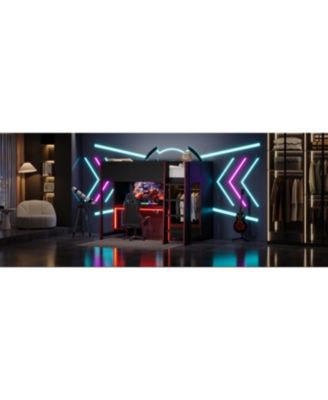 Black Wood Twin Size Loft Bed with BuiltIn Desk Wardrobe and Storage Drawer LED Lighting Space Saving Furniture for Kids and Teens Bedrooms