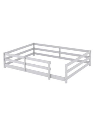 Grey Wood Full Size Kids Floor Bed Kids Montessori Floor Bed with Fence for Girls, Boys