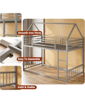 Bunk Bed Twin Over Twin, House Bunk Bed Frame with Ladder and Guardrail, House Shaped with Metal Slats for Dormitory and Bedroom