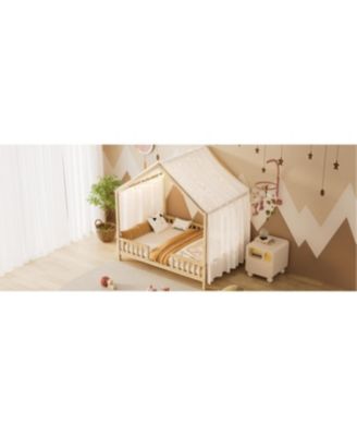 Montessori Floor Bed with Canopy, Full Size House Shape Toddler Bed Frame