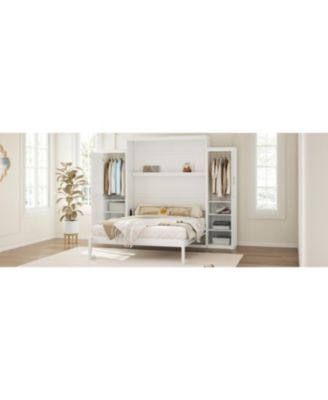 Queen Size Murphy Bed with 2 Wardrobes & Storage Shelf, White