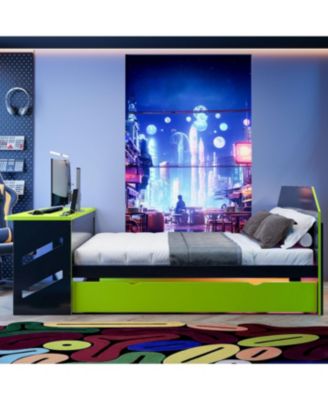 Streamdale Full Size Wood Daybed with Twin Size Trundle, Desk and USB, Cloud Blue