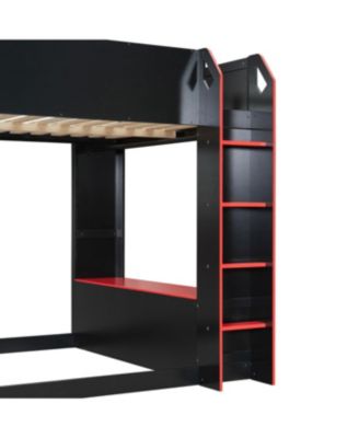 Full Size Wood Loft Bed with Adjustable Desk, Drawers, Storage, RGB Lights,