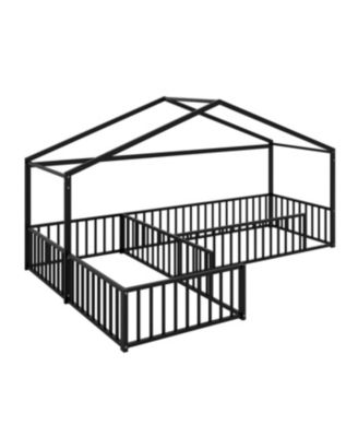 Streamdale Metal L-Shaped Montessori House Bed Frame for 2 Kids, Black