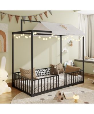 Streamdale Montessori 3-in-1 Convertible Metal Toddler Bed with Canopy, Twin, Black