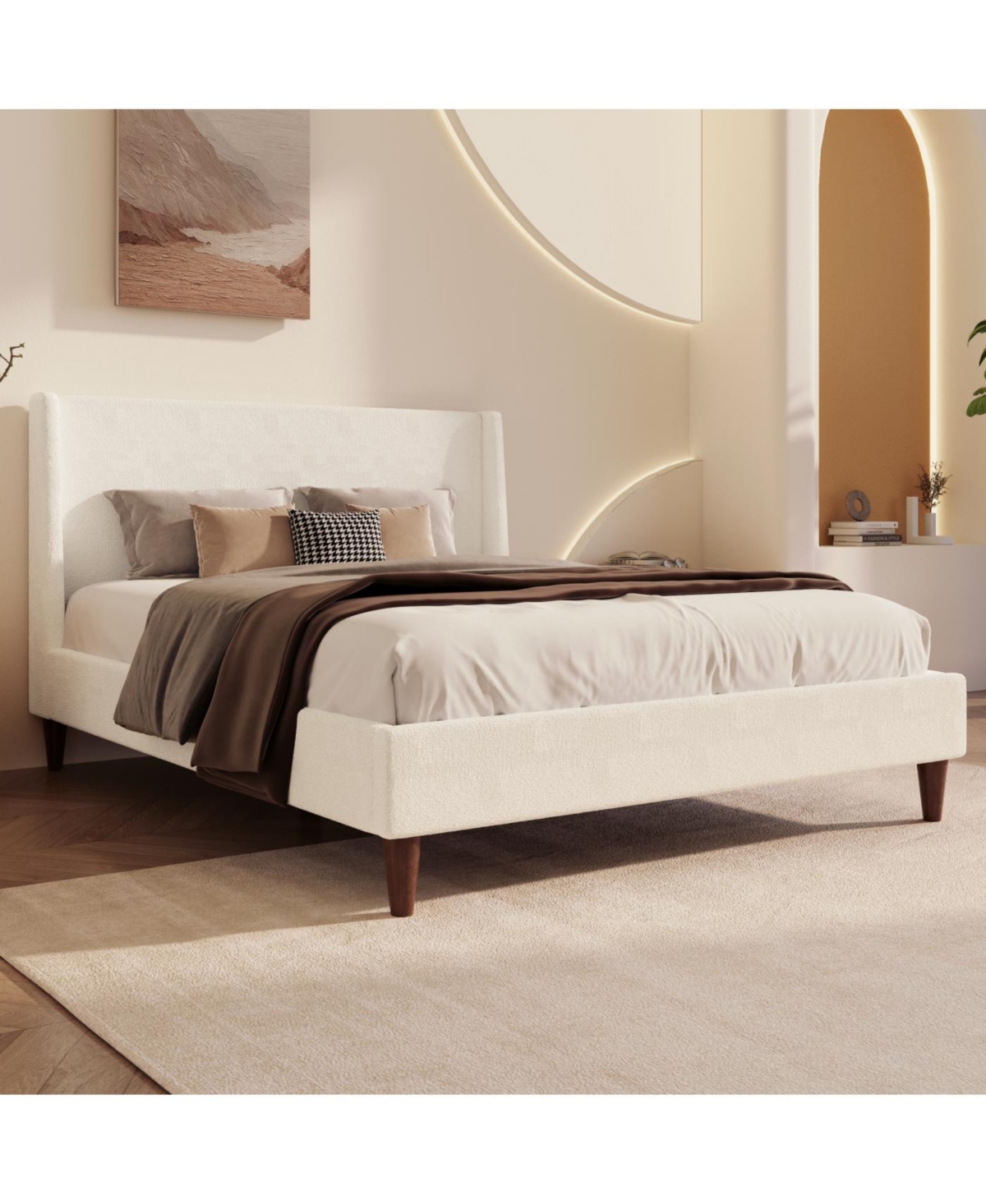 Streamdale Furniture Streamdale Modern Ivory Boucle Platform Bed, Queen Size