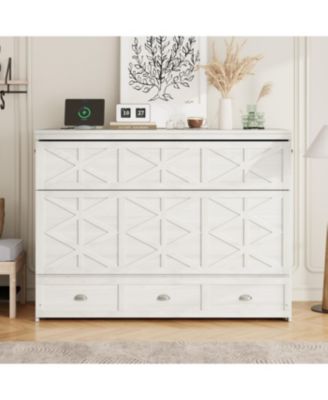 Queen Size Murphy Bed with Large Drawers and USB, Brushed Gray
