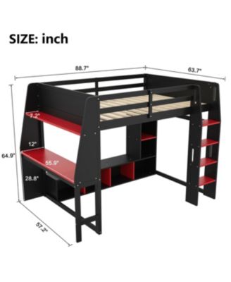 Streamdale Wood Gaming Loft Bed w/ Desk, Shelves, LED, Rack, Black