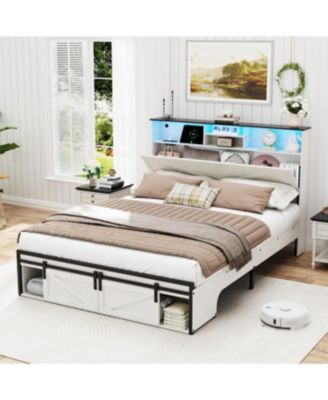 Farmhouse Queen Storage Bed Frame with Charging Station & LED Lights, White