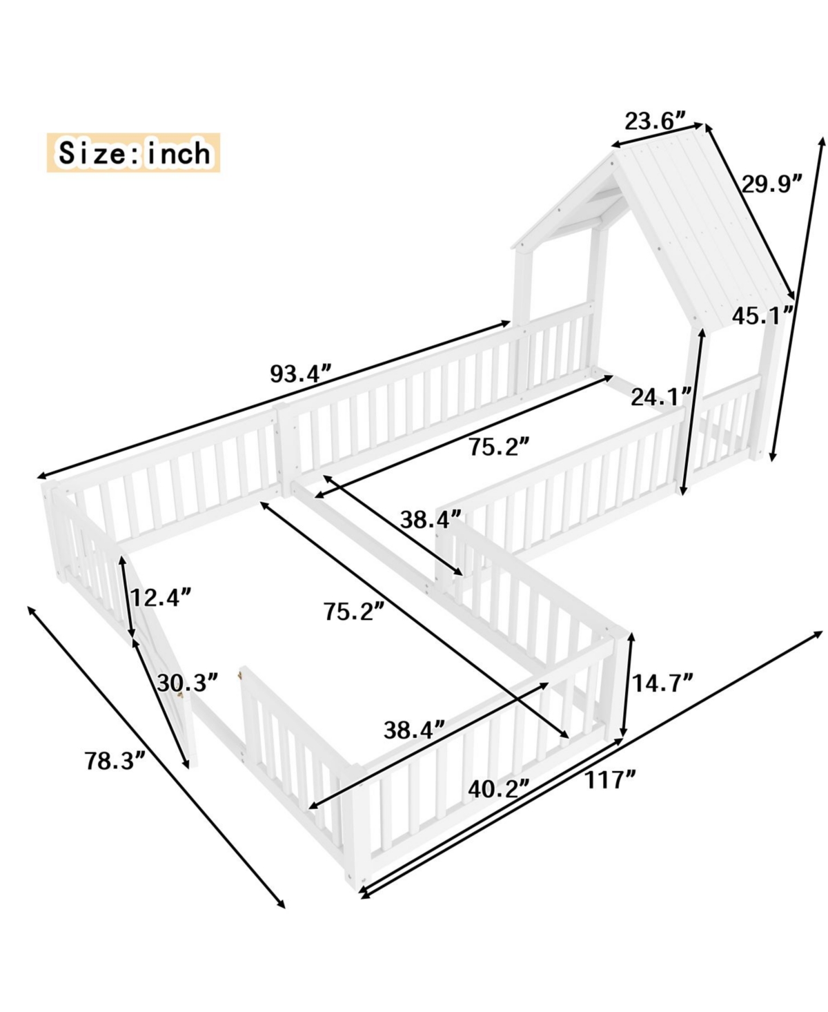 Streamdale Furniture Twin Size House Floor Bed with Door and Guardrails, White
