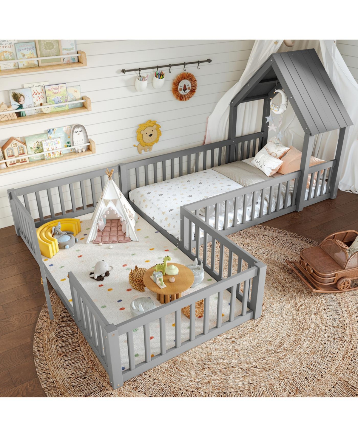 Streamdale Furniture Streamdale Twin Size House Floor Bed with Door and Guardrails, Grey