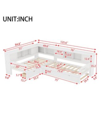 L-shaped Twin Platform Bed with Trundle, Storage Drawers & Shelves, White