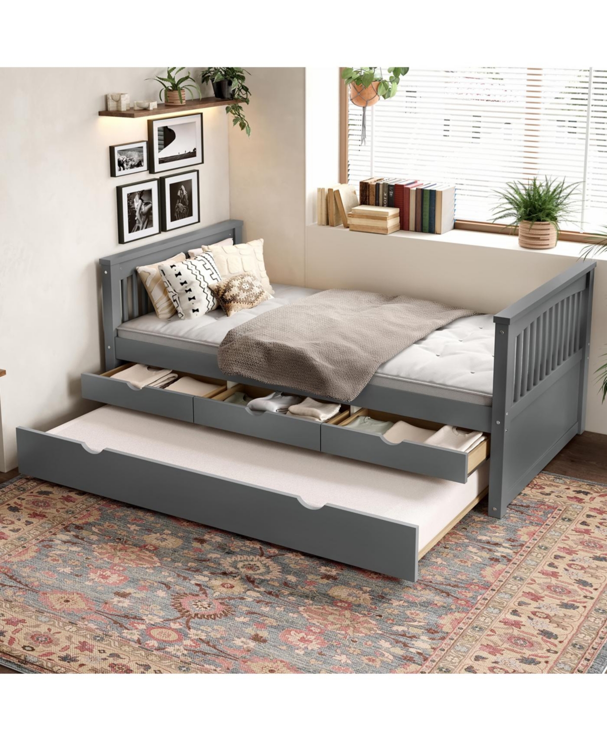 Streamdale Furniture Streamdale Twin Platform Bed with Drawers and Trundle, Solid Wood Daybed, Gray