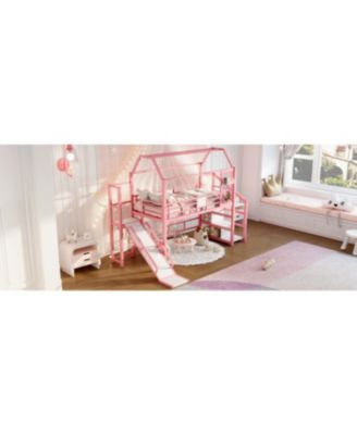 Twin Loft Bed with Slide, Stairs, Storage Shelves & Roof - Pink