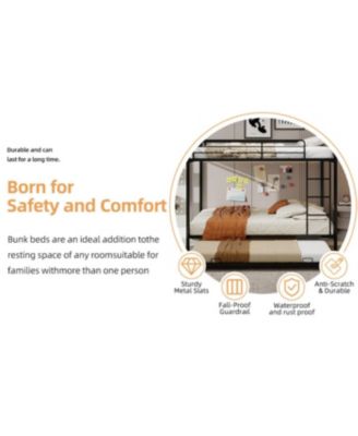 Durable Square Tube Iron Bunk Bed with Safety Rails - Queen Size