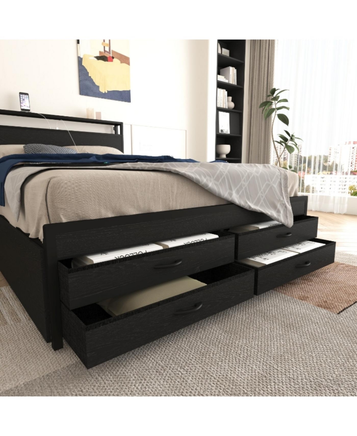 Streamdale Queen Size Bed Frame with 8 Storage Drawers & Led Headboard, Black