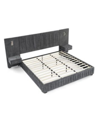 Queen Size Chenille Upholstered Bed Frame with Pleated Design - Dark Grey