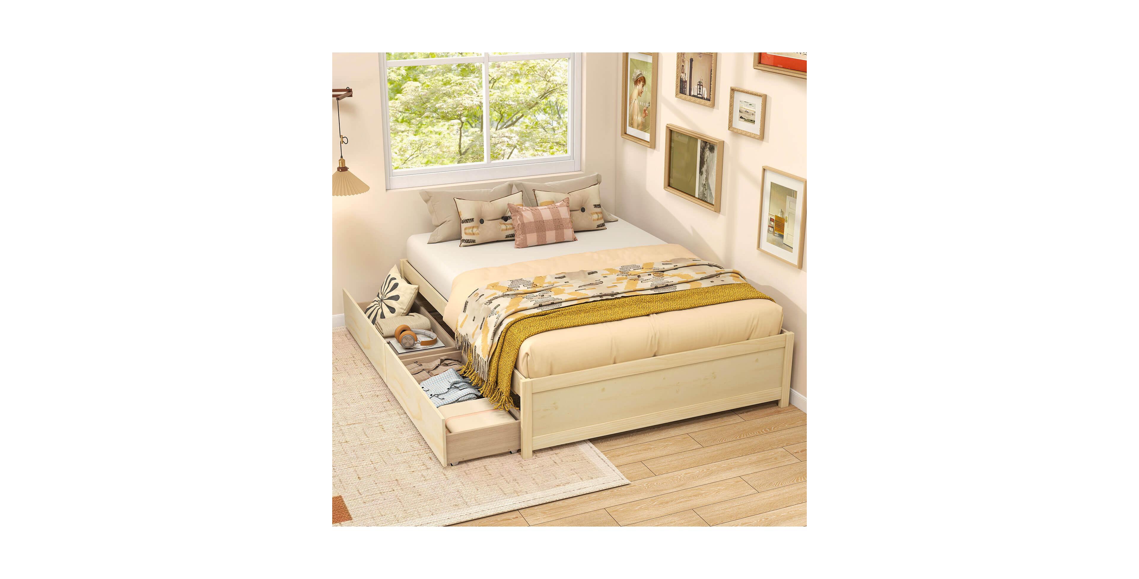 Costway Wooden Platform Bed with 2 Rolling Storage Drawers Wood Slat Support