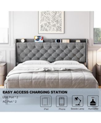 King Upholstered Platform Bed with Button Tufted Wingback Storage Headboard, Wood Slats, Charging Station, Noise-Free
