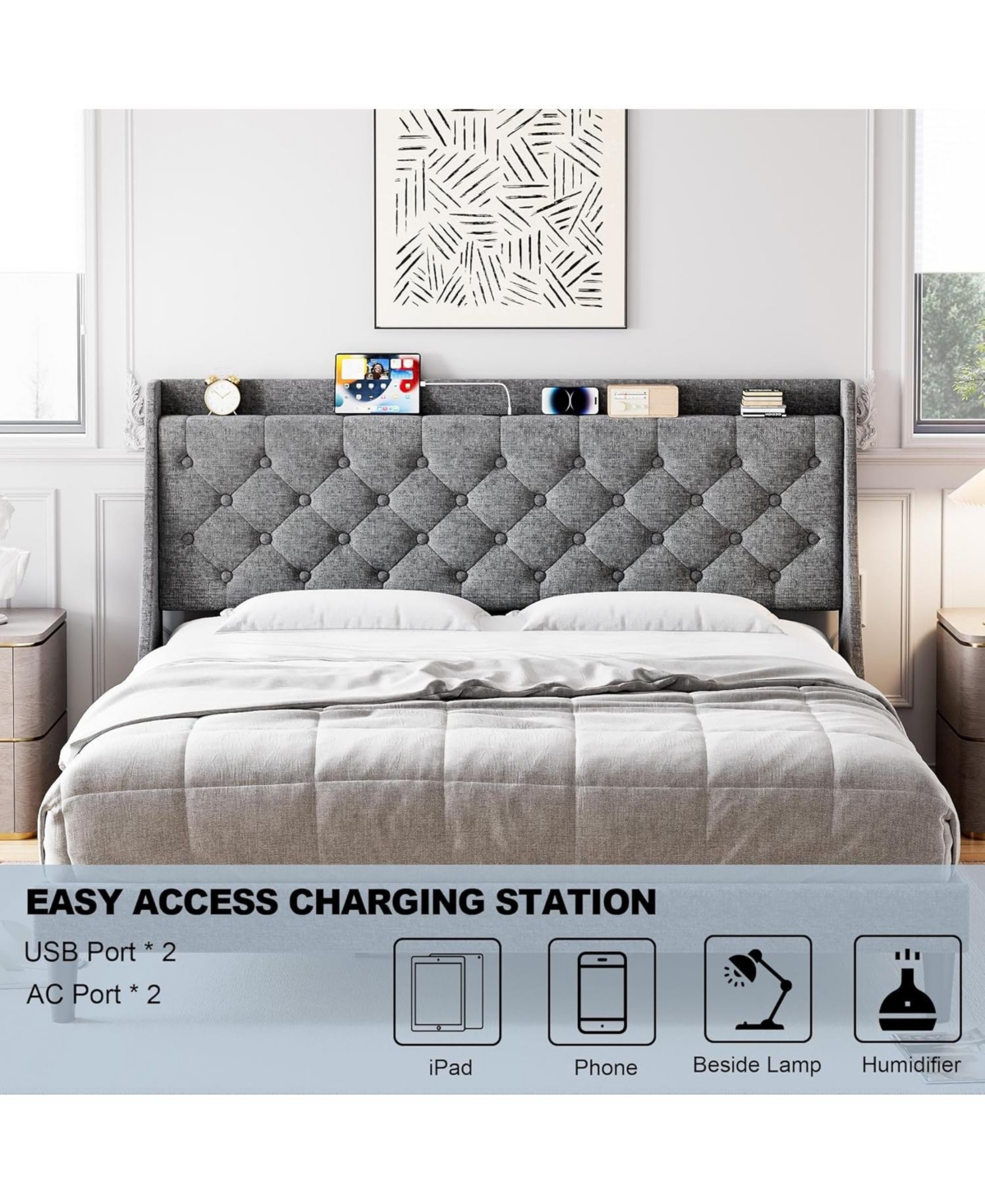 Gaomon King Upholstered Platform Bed with Button Tufted Wingback Storage Headboard, Wood Slats, Charging Station, Noise-Free